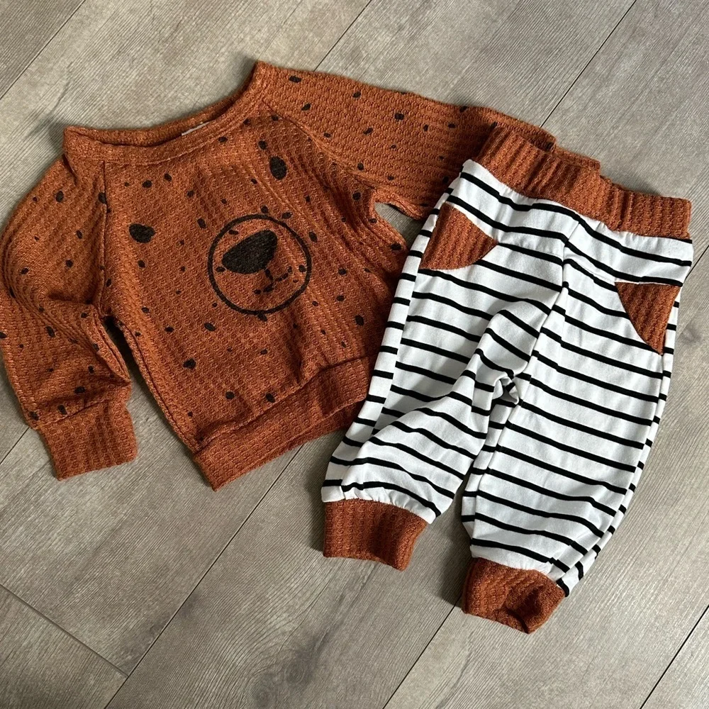 Boutique Baby Boy Thermal Bear Long Sleeve & Matching Striped Jogger Pants 3-6M